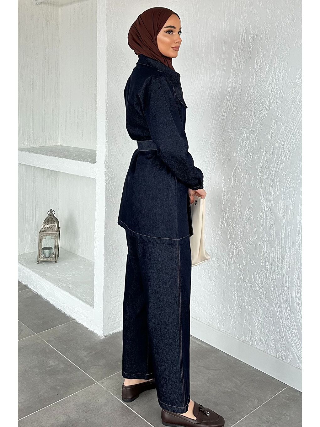 Lacivert Gülseli Uzun Yakalı Jean Tunik Pantolon Tesettür İkili Takım-11