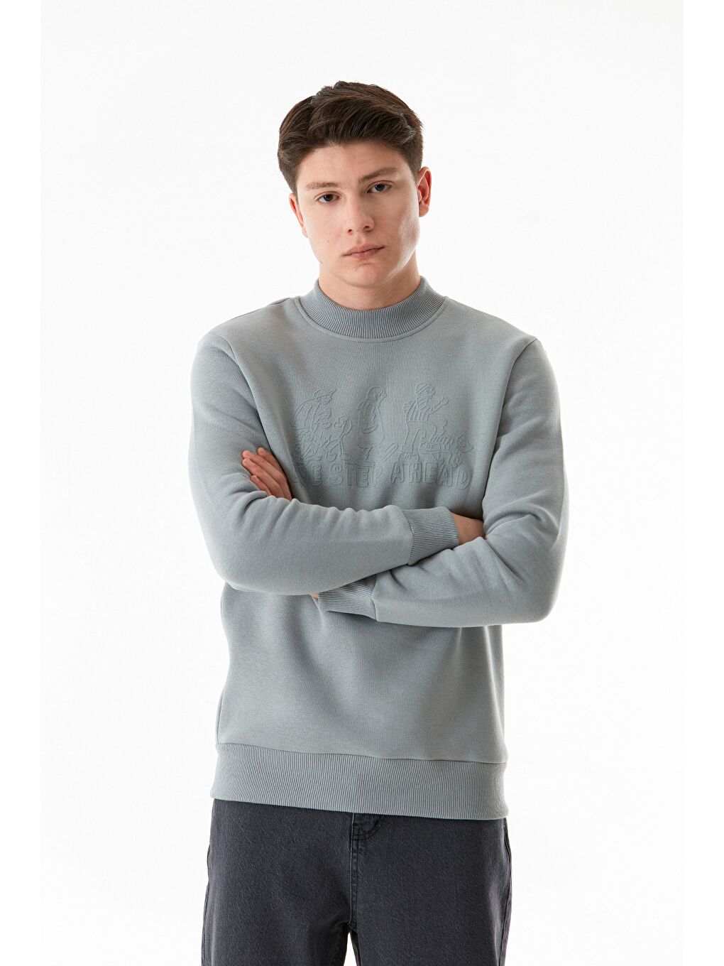 Fullamoda Gri 3 İplik Kabartmalı Bisiklet Yaka Sweatshirt - 3