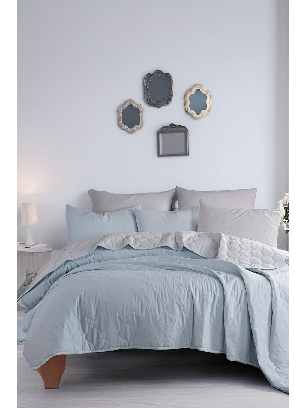 Kapitone Yatak Örtüsü Seti Çift Kişilik Solid A.Mavi-Gri