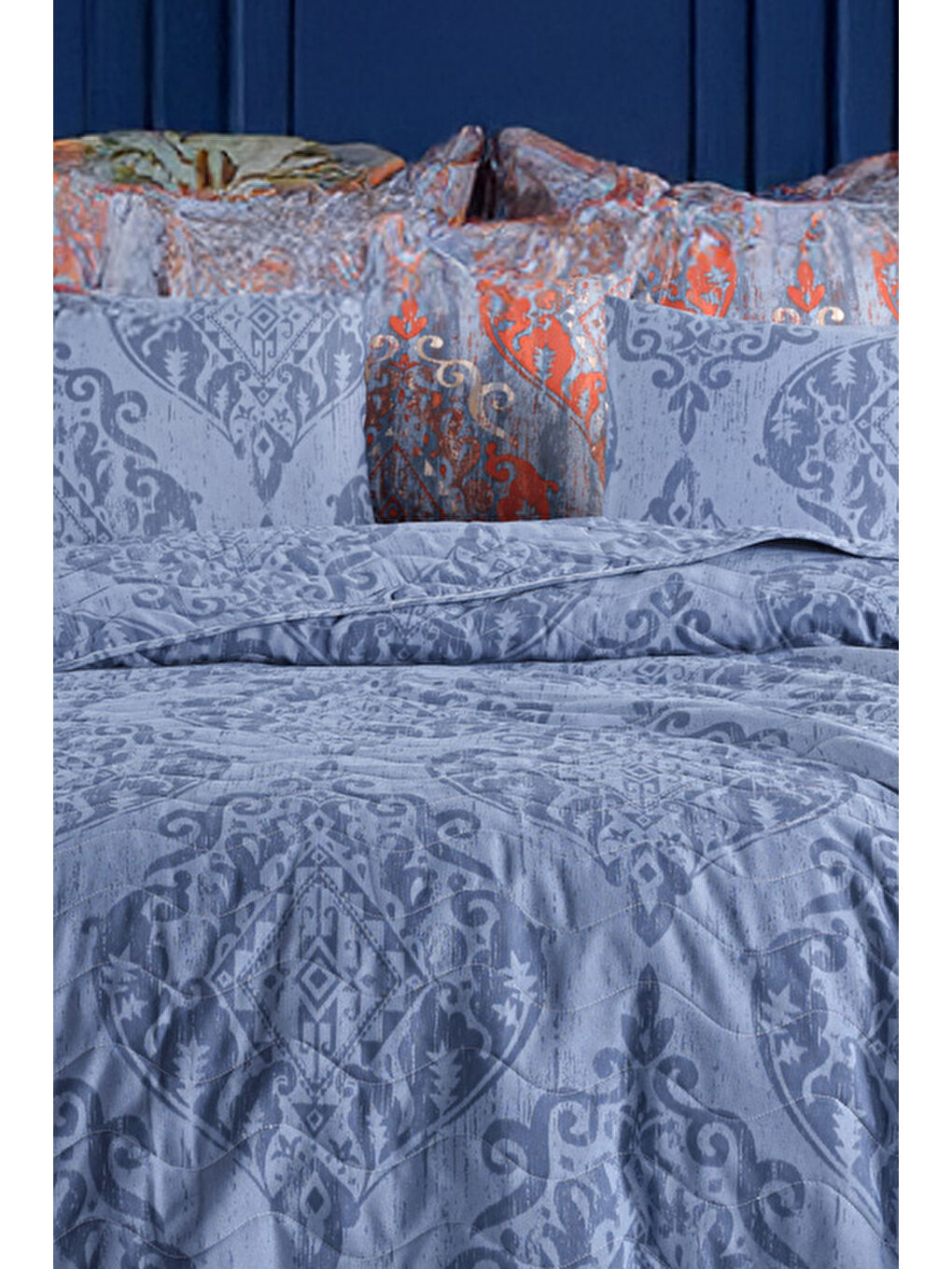 Kapitone Yatak Örtüsü Seti Çift Kişilik Hitit (Kombin) Lacivert-2