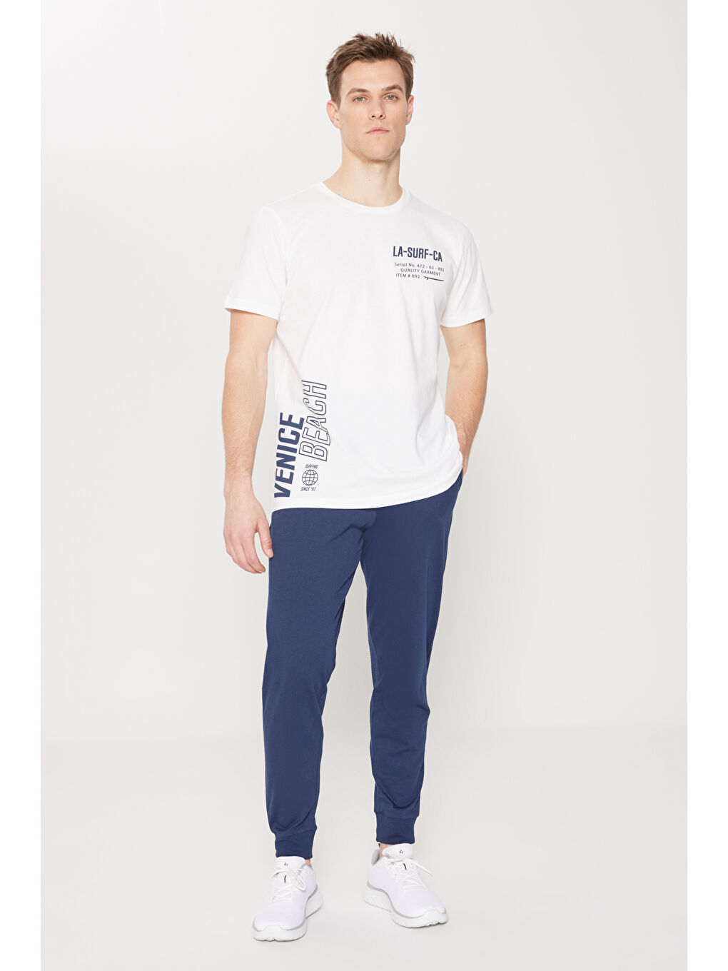 Erkek Ekru Standart Fit Normal Kesim %100 Pamuk Baskılı Bisiklet Yaka Pijama Takımı-2