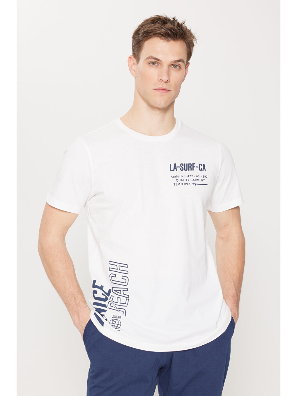 Erkek Ekru Standart Fit Normal Kesim %100 Pamuk Baskılı Bisiklet Yaka Pijama Takımı-3