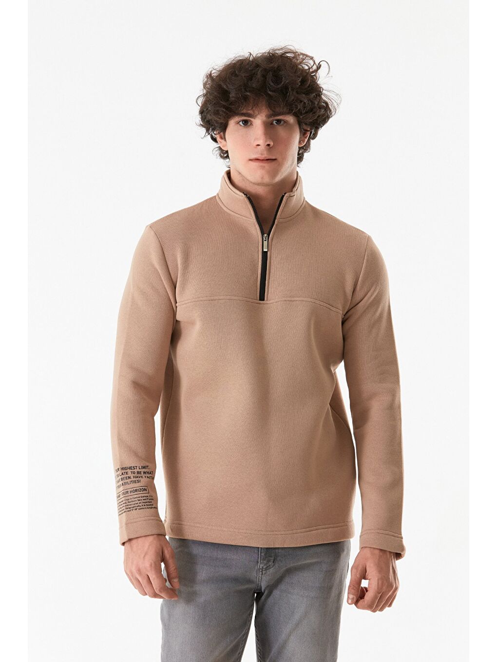 Fullamoda Camel-Bej Basic Yarım Fermuarlı Dik Yaka  Sweatshirt