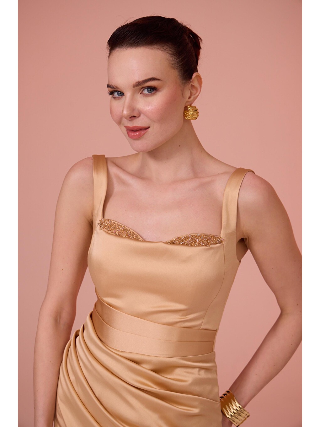 Sarı Gold İşlemeli Saten Abiye Elbise-2