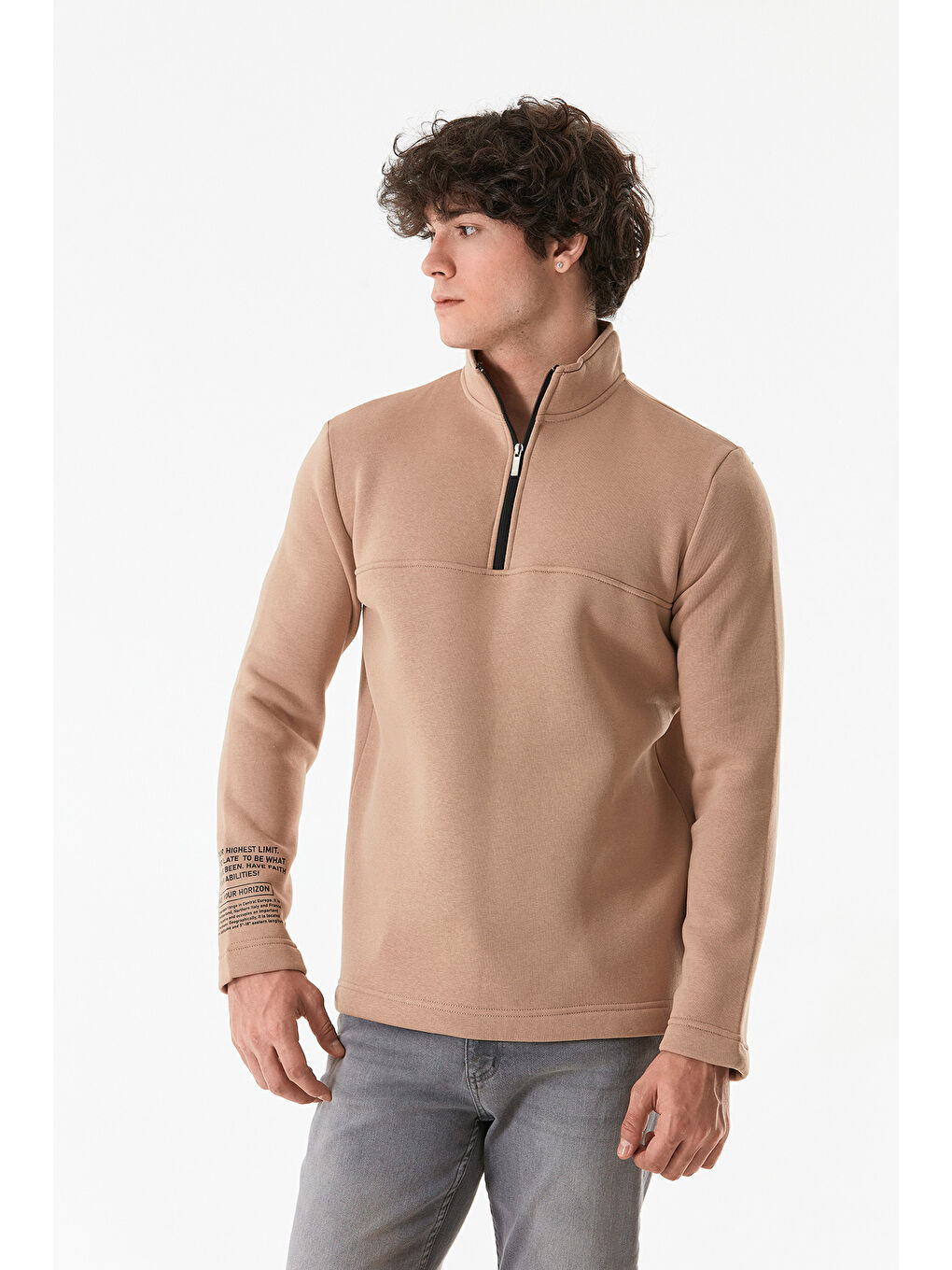 Fullamoda Camel-Bej Basic Yarım Fermuarlı Dik Yaka  Sweatshirt - 1