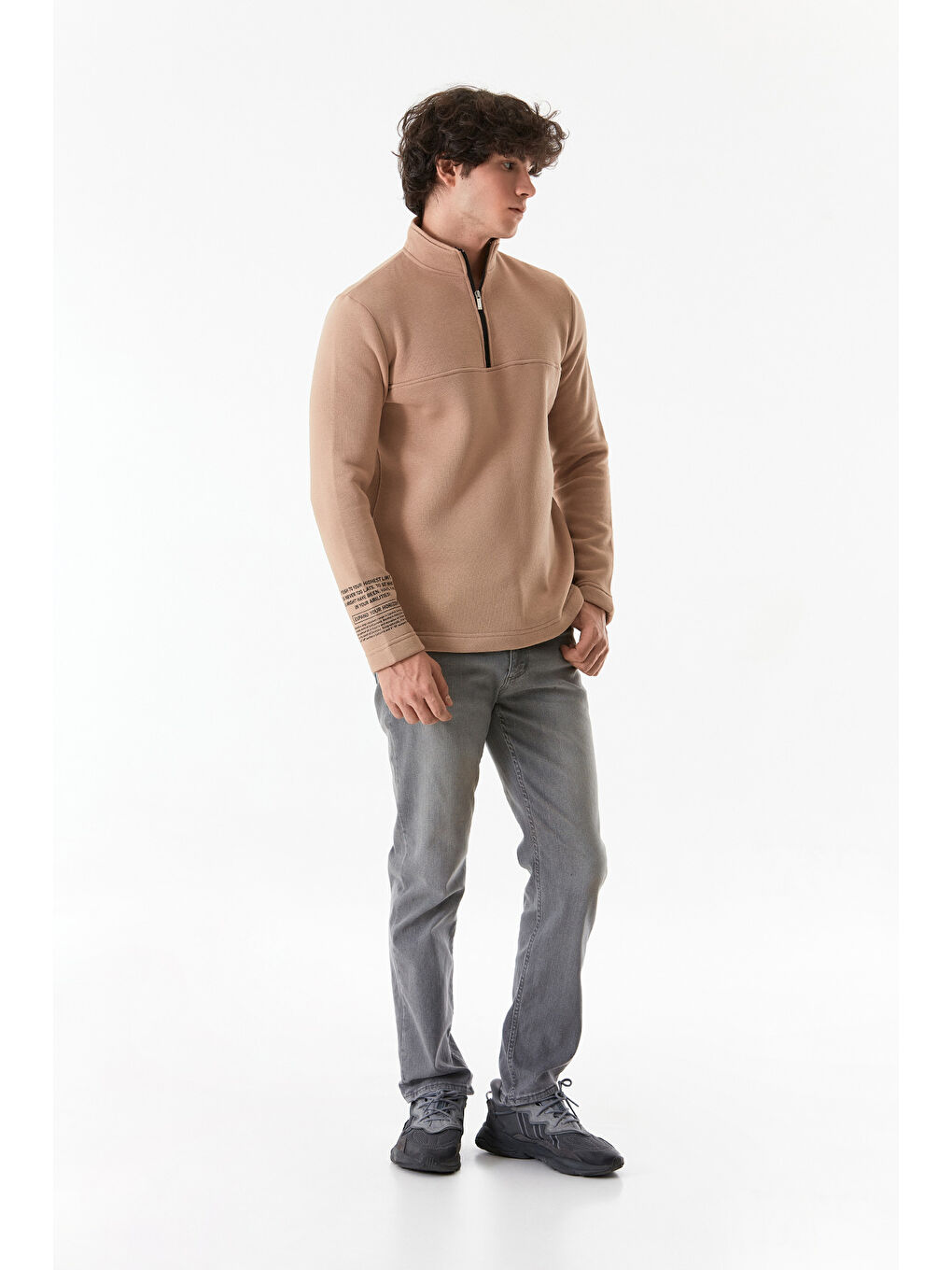 Fullamoda Camel-Bej Basic Yarım Fermuarlı Dik Yaka  Sweatshirt - 2