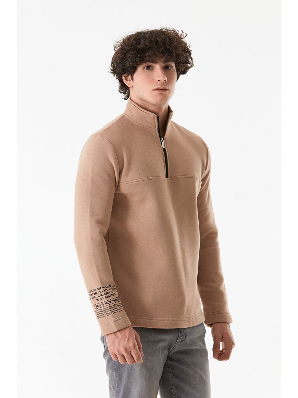 Fullamoda Camel-Bej Basic Yarım Fermuarlı Dik Yaka  Sweatshirt - 3