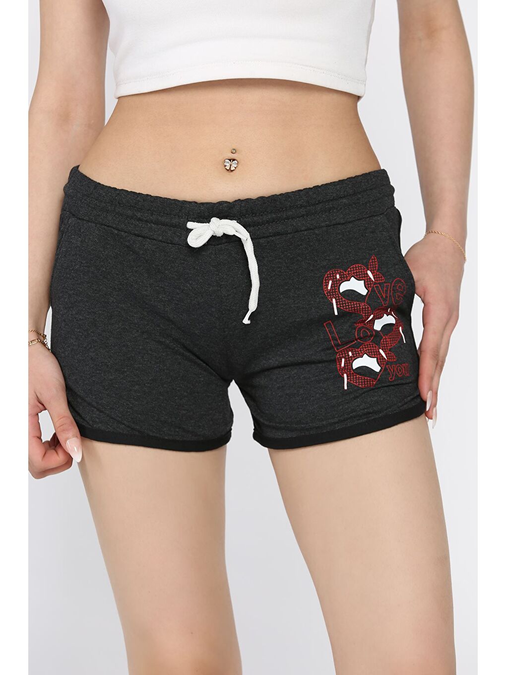 Antrasit Baskılı Kadın Mini Şort
