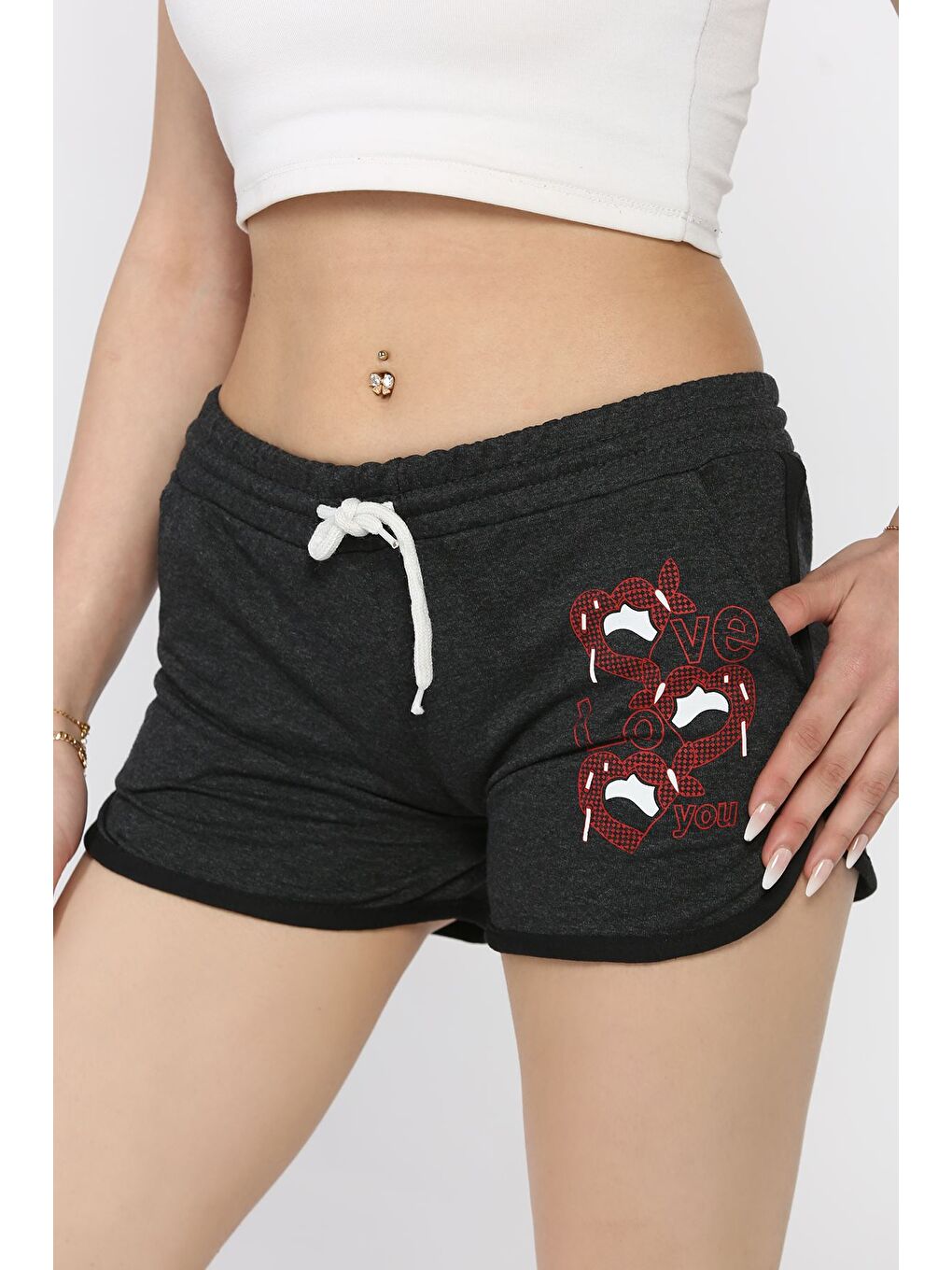 Antrasit Baskılı Kadın Mini Şort-1