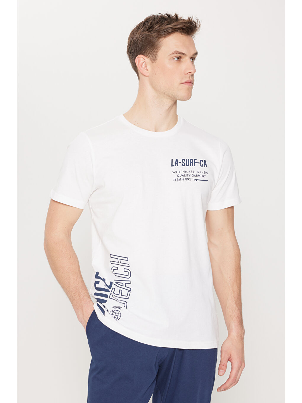 Erkek Ekru Standart Fit Normal Kesim %100 Pamuk Baskılı Bisiklet Yaka Pijama Takımı-9