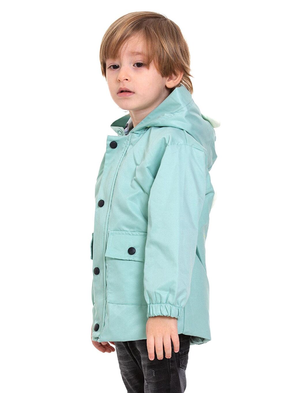 Yeşil Kapüşonlu Uzun Kol Ayı Baskılı Mint Renk Erkek Çocuk Yağmurluk-1
