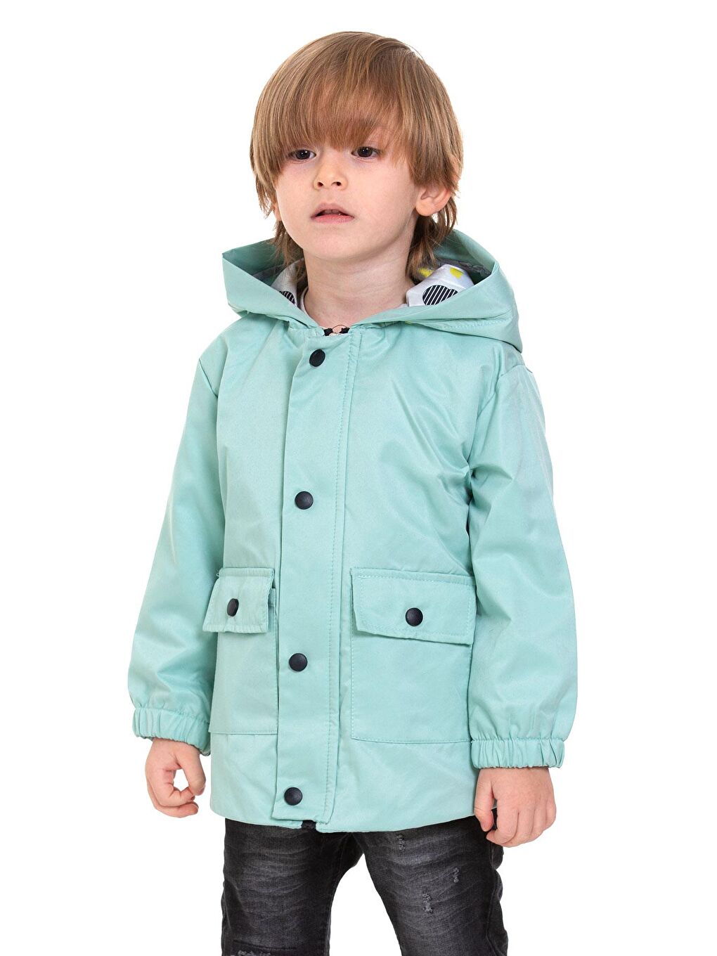 Yeşil Kapüşonlu Uzun Kol Ayı Baskılı Mint Renk Erkek Çocuk Yağmurluk-3