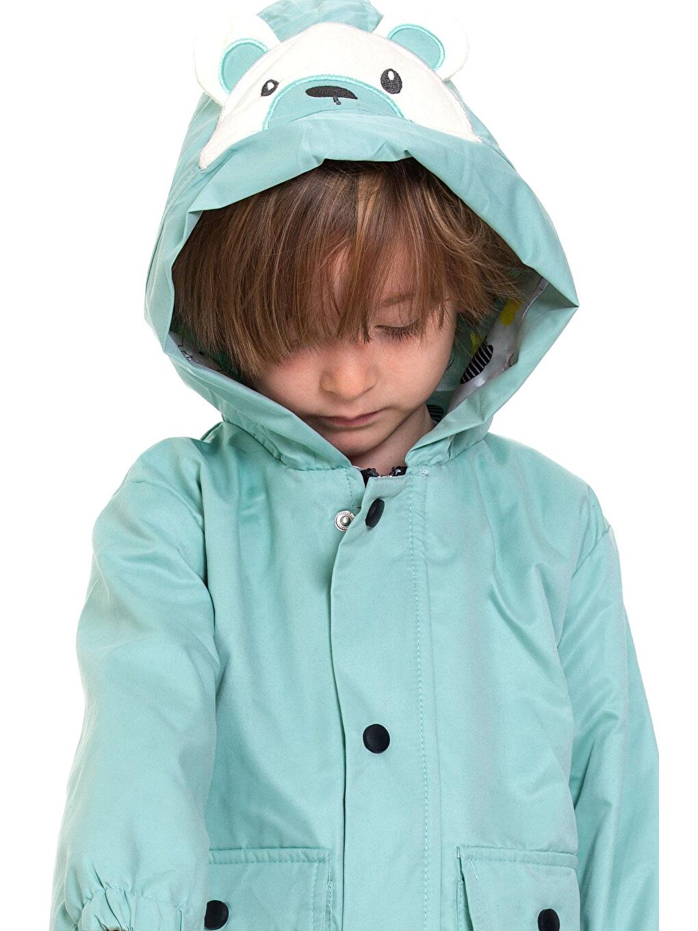 Yeşil Kapüşonlu Uzun Kol Ayı Baskılı Mint Renk Erkek Çocuk Yağmurluk-4