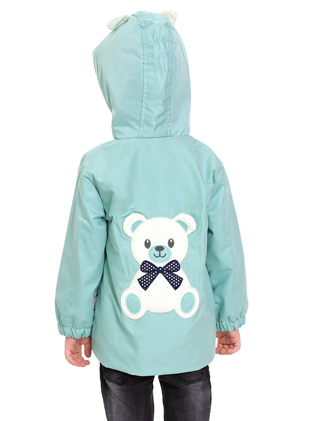 Yeşil Kapüşonlu Uzun Kol Ayı Baskılı Mint Renk Erkek Çocuk Yağmurluk-5