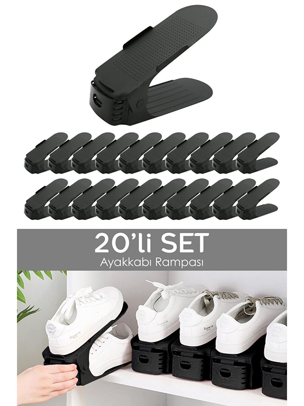 Siyah 20'li Tekli Ayarlanabilir Ayakkabı Rampası Dolap İçi Ayakkabı Düzenleyici Organizer