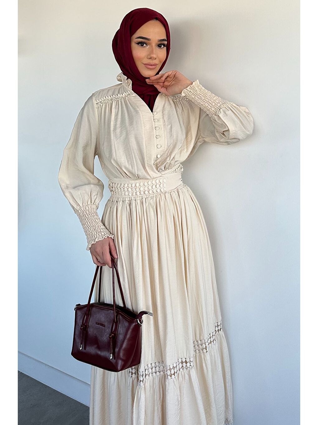 Ekru Etek Bluz Kombinli Tesettür İkili Takım-2