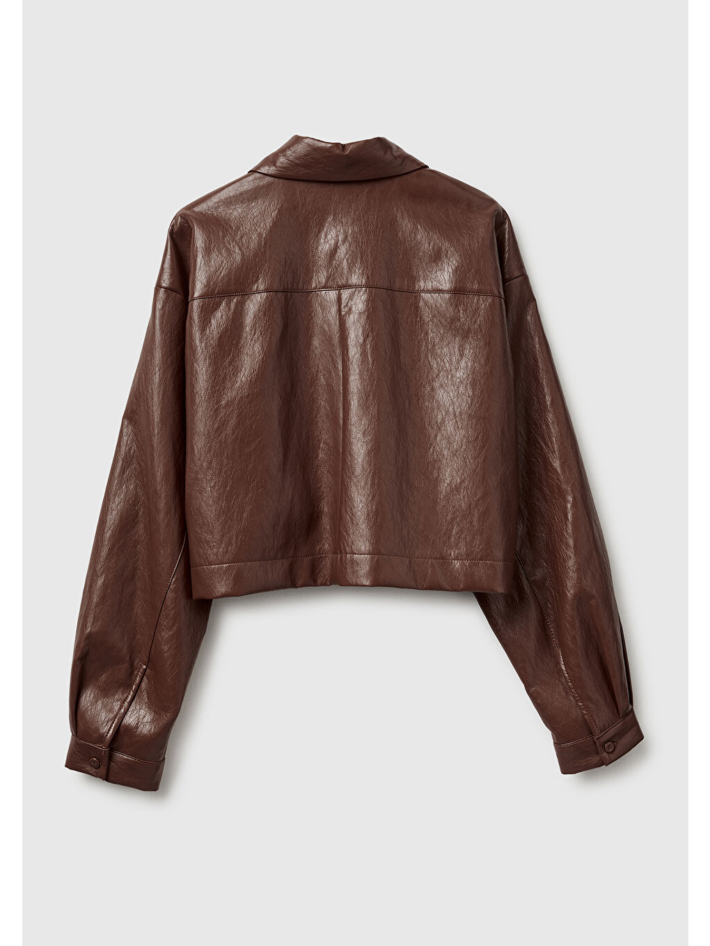 Kadın Koyu Kahverengi Boxy Fit Suni Deri Ceket-3