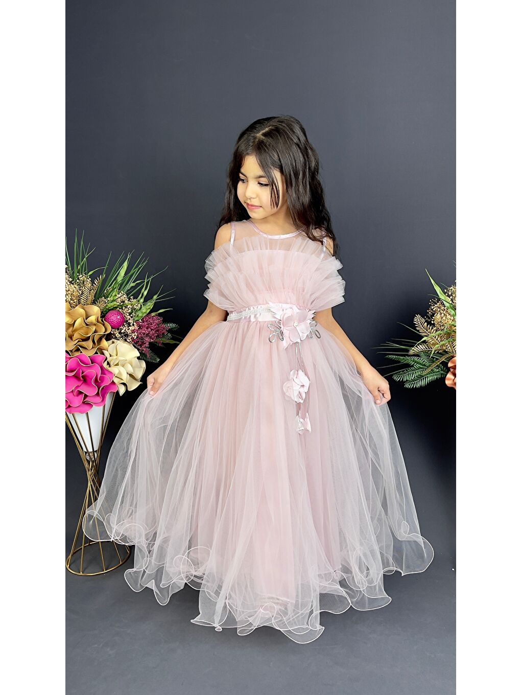 Pembe Kız Çocuk Robası Katlı Özel Abiye Elbise MNK0475-7