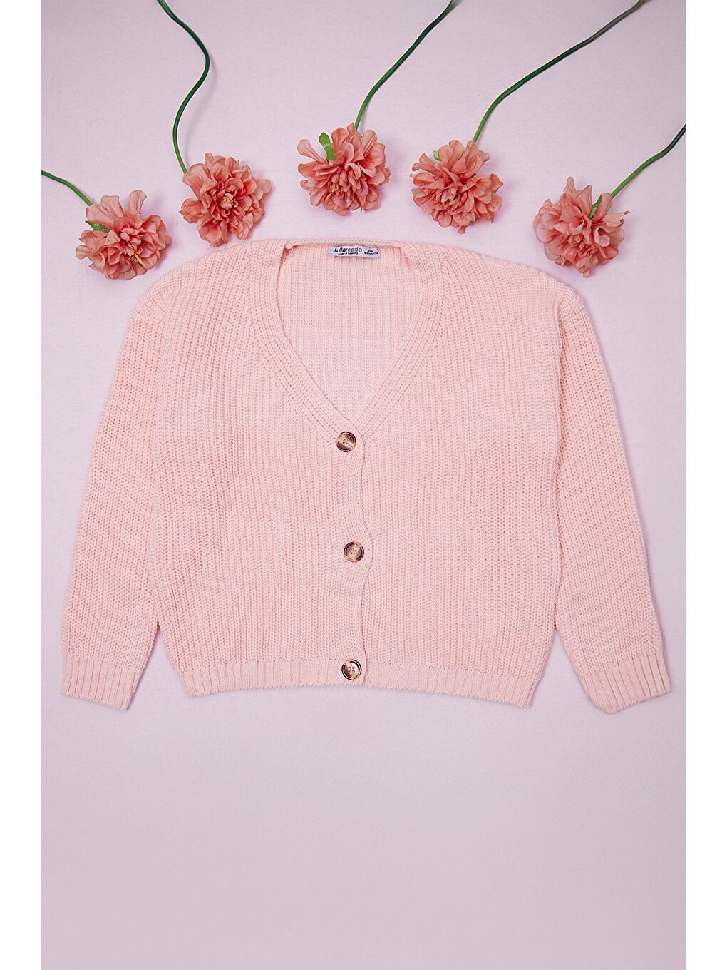 Pembe Basic V Yaka Düğmeli Kız Çocuk Triko Hırka