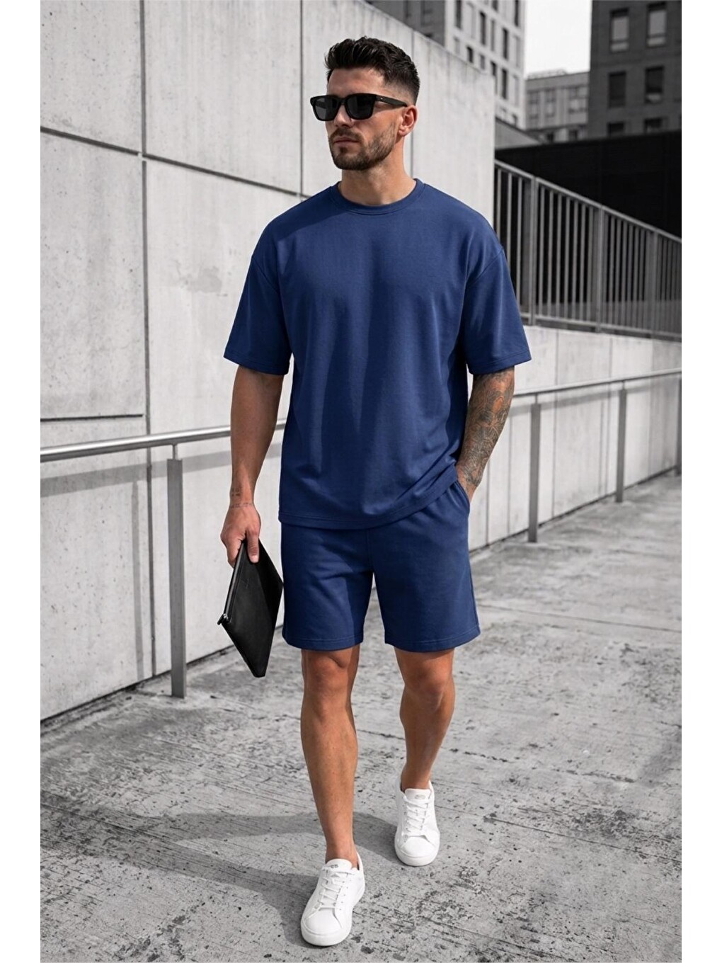 Mavi Modal Kumaş Oversize Erkek Şort Tişört Takım-1