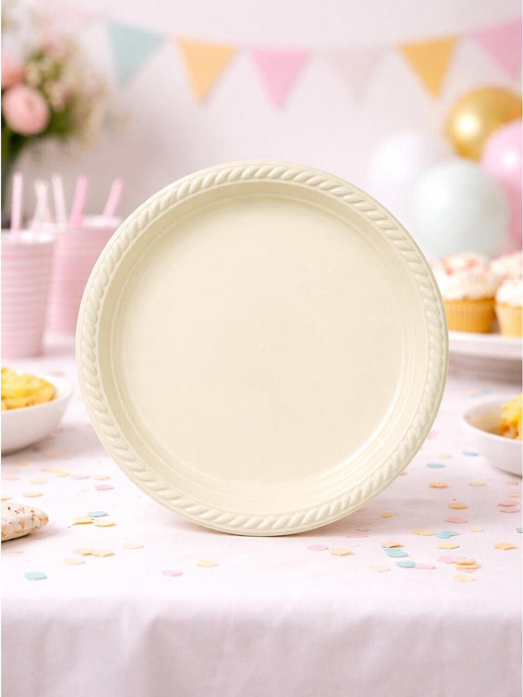 Ekru Plastik Tabak Doğum Günü Parti Tabağı Krem 21 cm 25'li