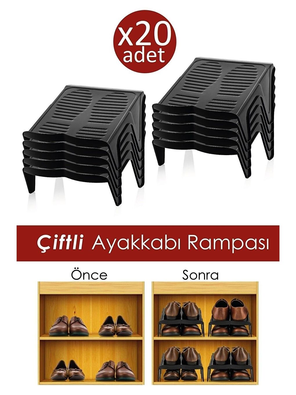 Siyah 20 Adet Çiftli Ayakkabı Düzenleyici Rampa