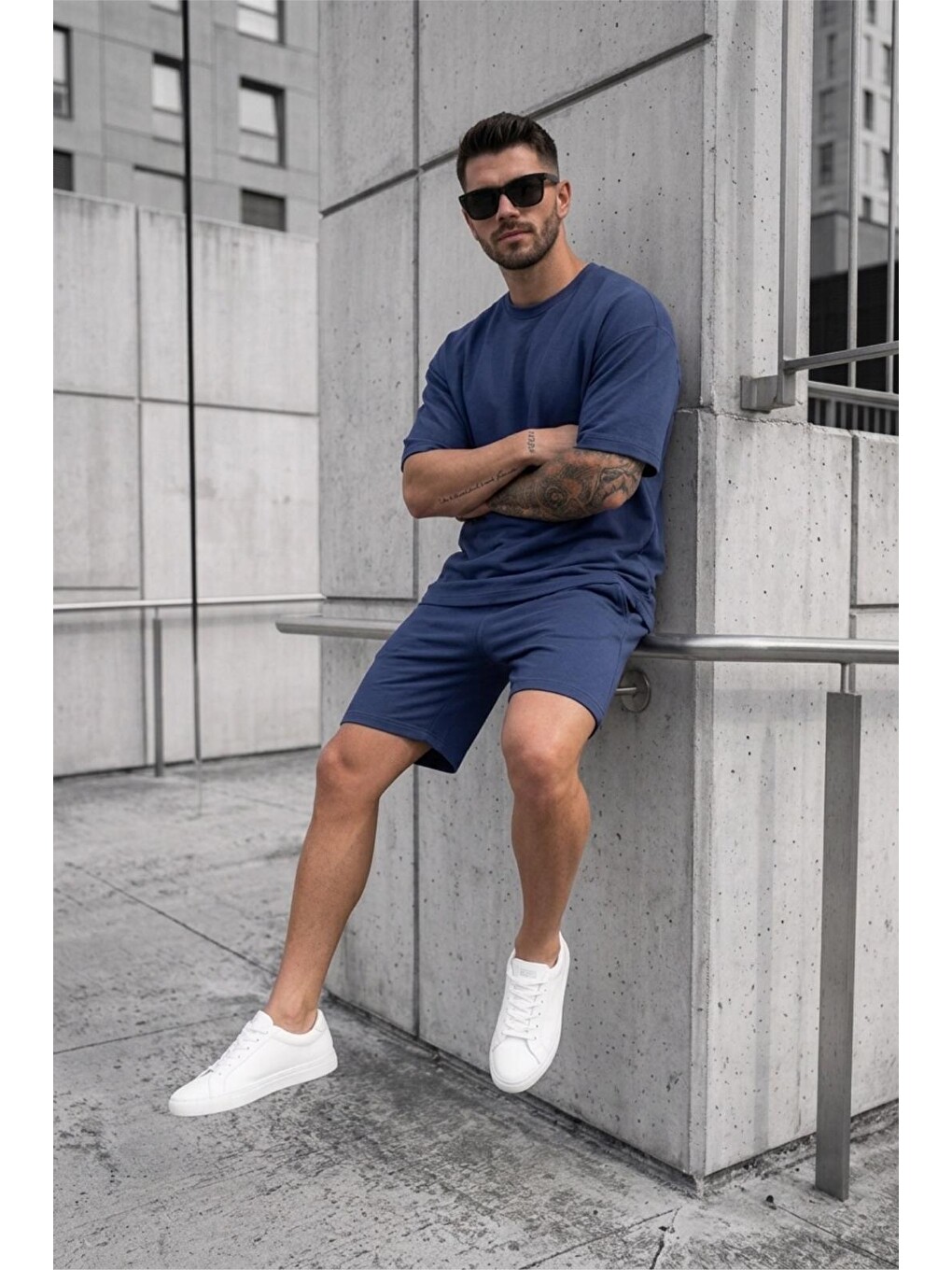Mavi Modal Kumaş Oversize Erkek Şort Tişört Takım-2