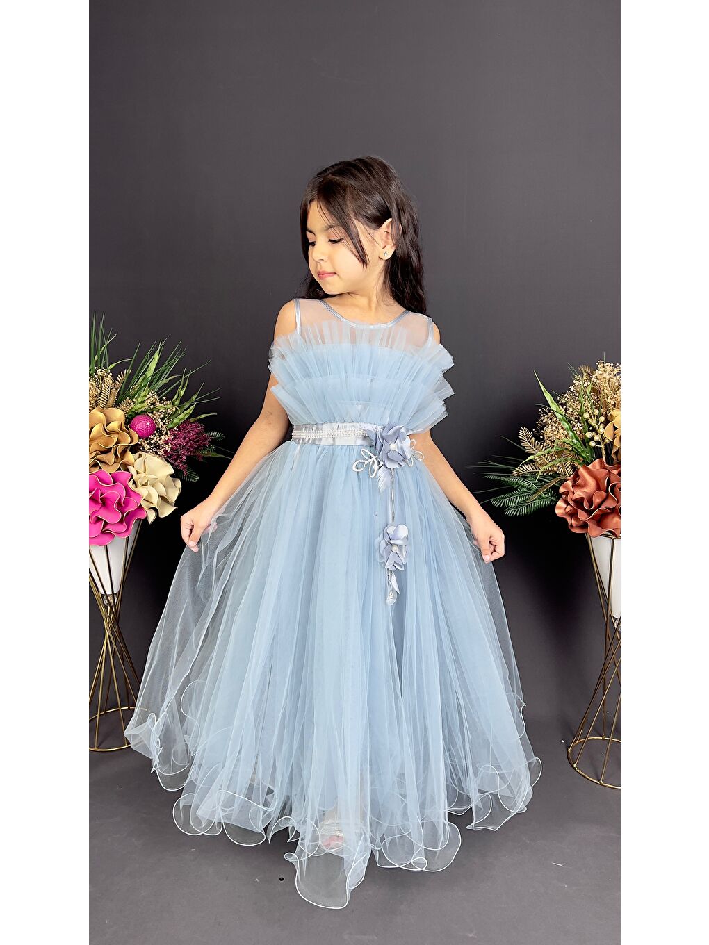 Mavi Kız Çocuk Robası Katlı Özel Abiye Elbise MNK0475-8