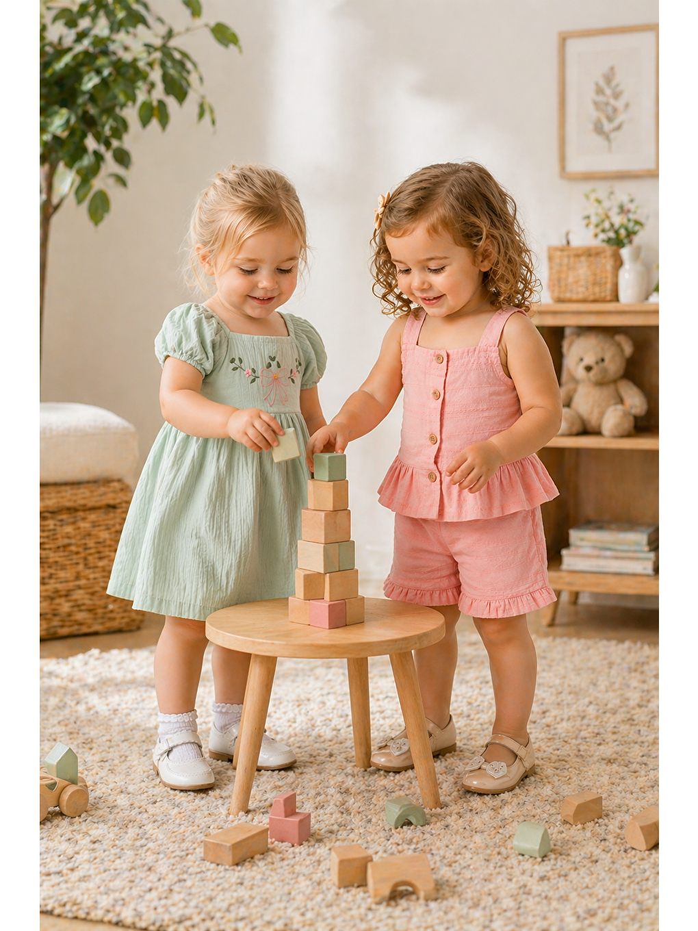 Pembe Kız Bebek Keten Kumaş Alt-Üst Takım-Müslin Kumaş Elbise %100 Pamuklu (2'li Paket)-1