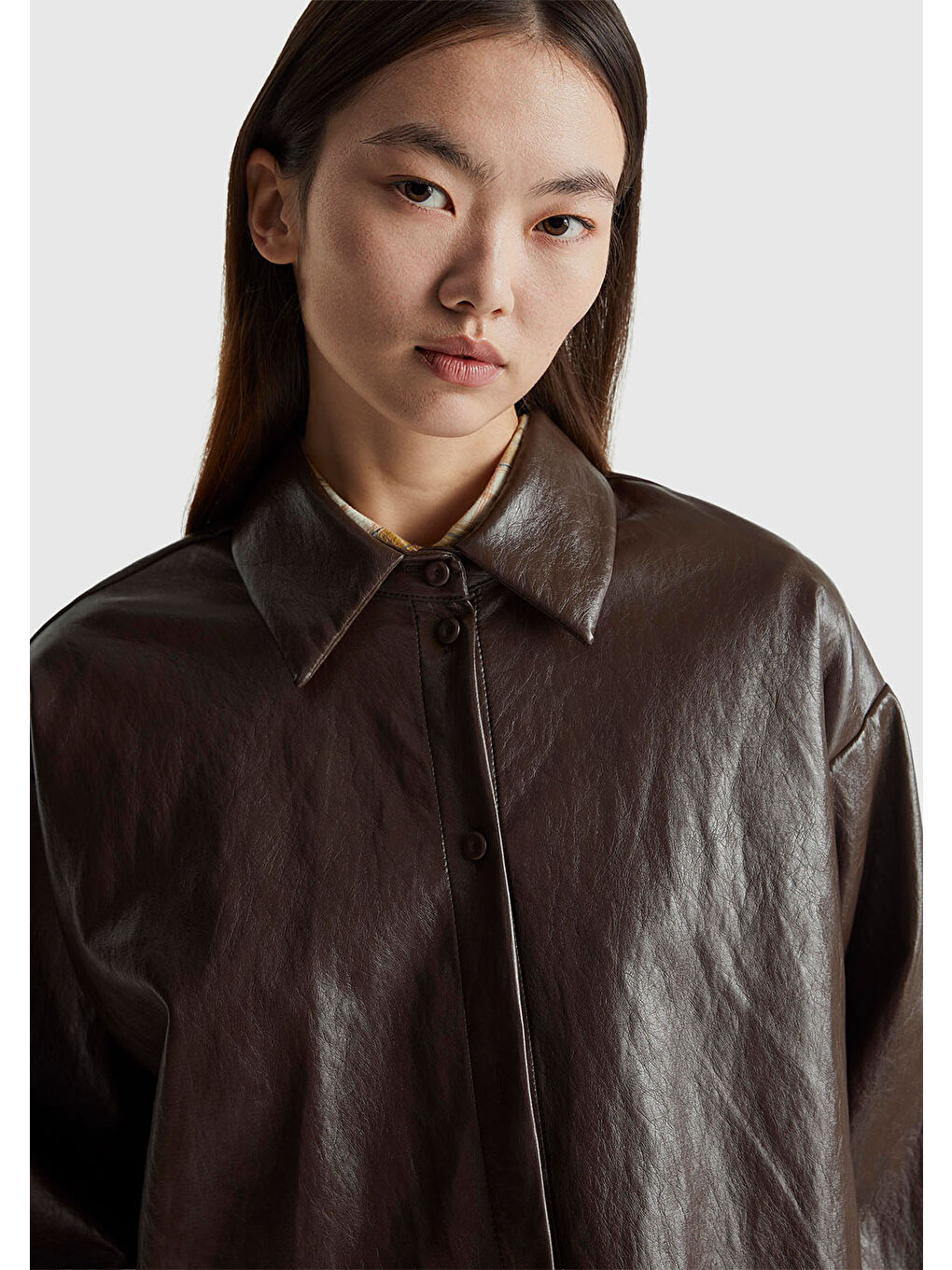 Kadın Koyu Kahverengi Boxy Fit Suni Deri Ceket-5