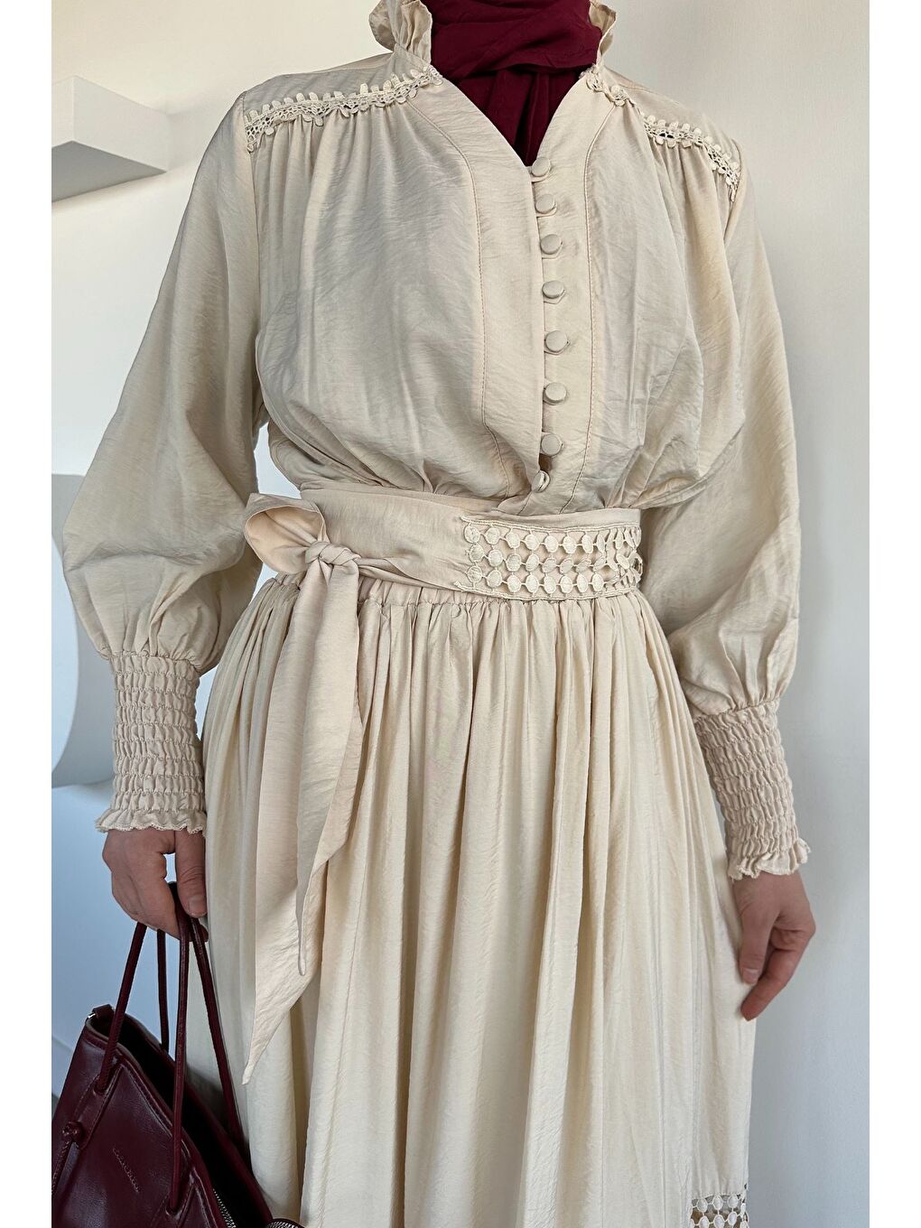 Ekru Etek Bluz Kombinli Tesettür İkili Takım-7