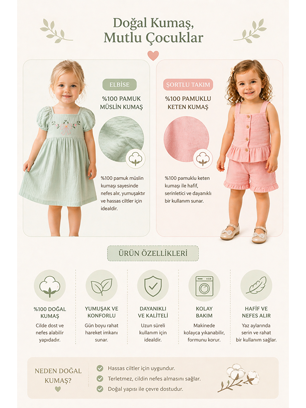 Pembe Kız Bebek Keten Kumaş Alt-Üst Takım-Müslin Kumaş Elbise %100 Pamuklu (2'li Paket)-2