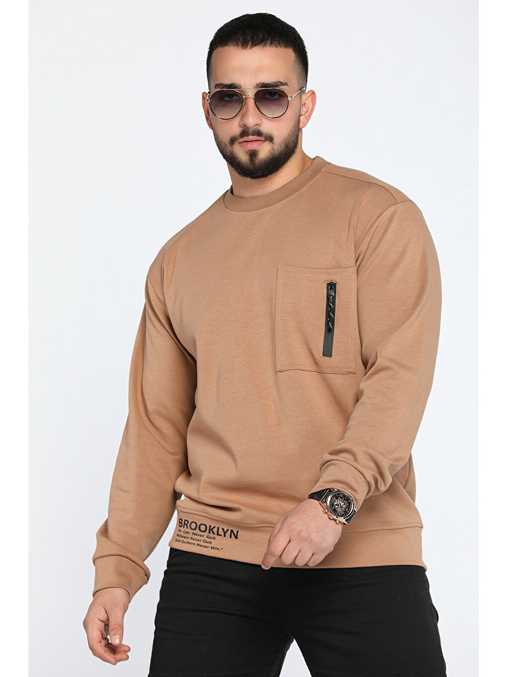 Ekru Bisiklet Yaka Cep Fermuar Detaylı Double Face Erkek Sweatshirt