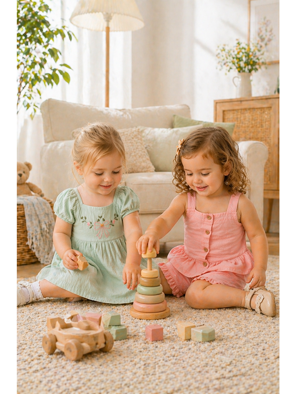 Pembe Kız Bebek Keten Kumaş Alt-Üst Takım-Müslin Kumaş Elbise %100 Pamuklu (2'li Paket)-3