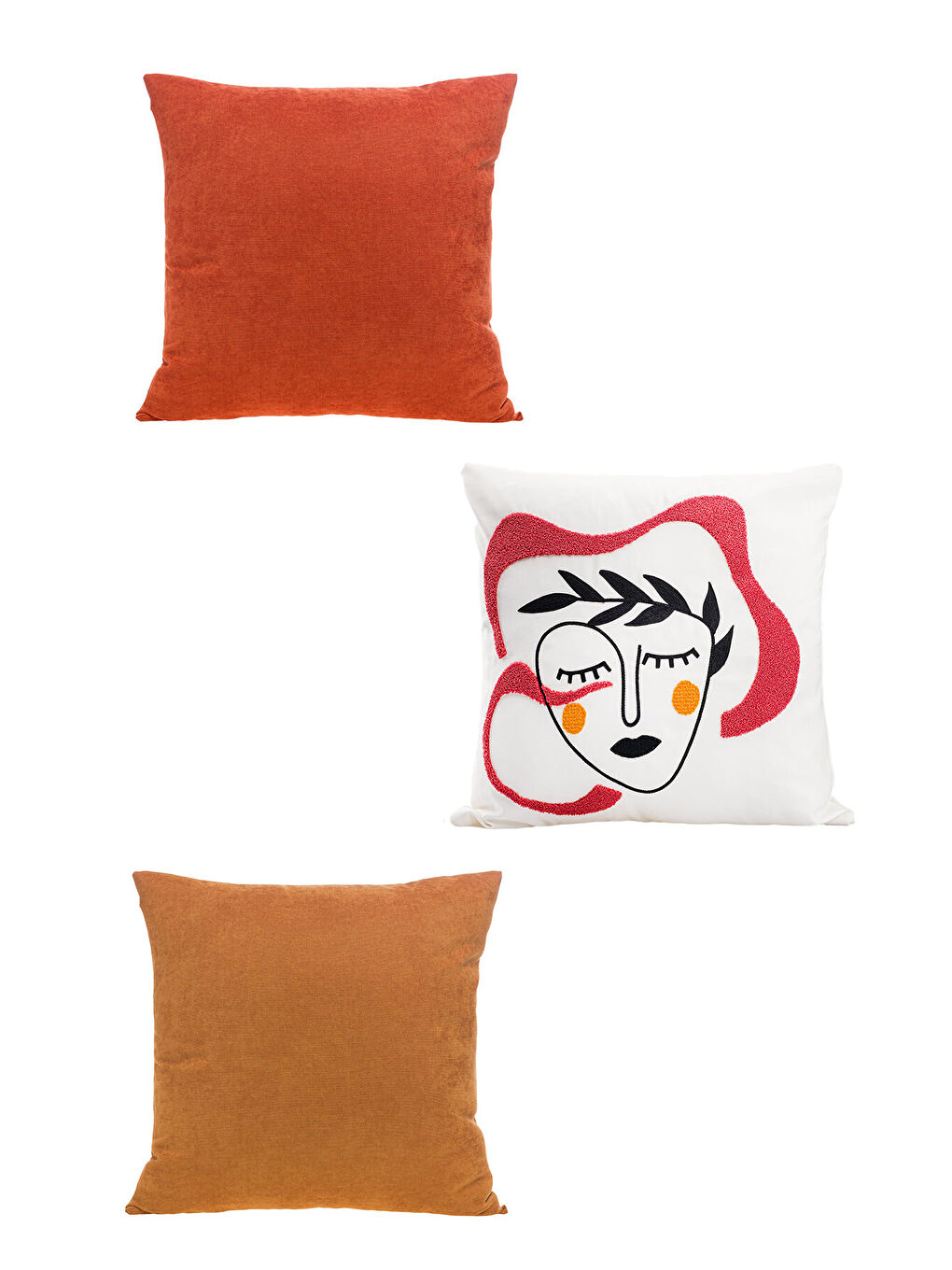 Beyaz 3’lü Panoroma Dekoratif Kırlent Kılıfı – Bohem Yüz Punch + Turuncu + Kiremit 45x45 cm