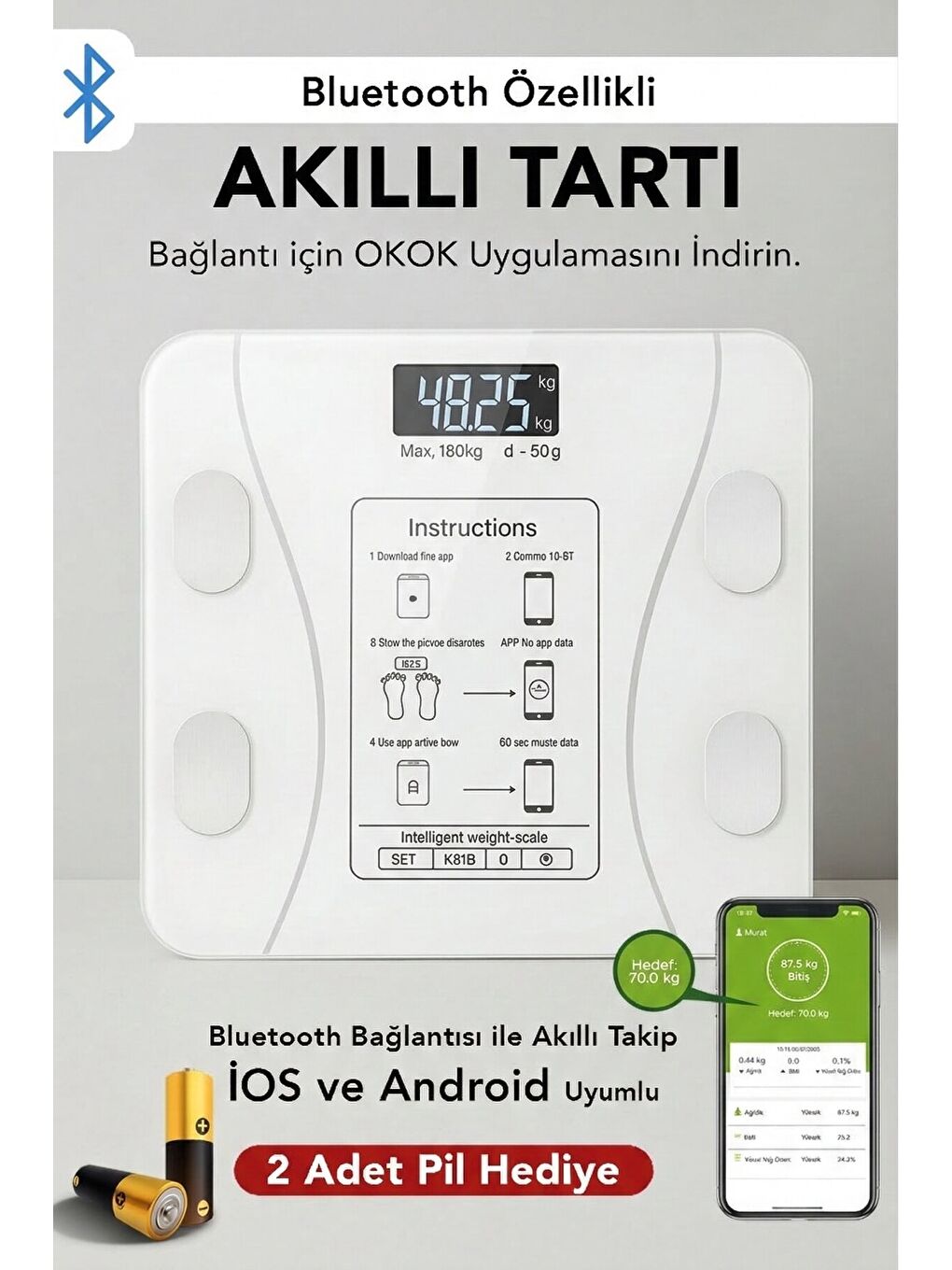 Beyaz Dijital Bluetooth Baskül