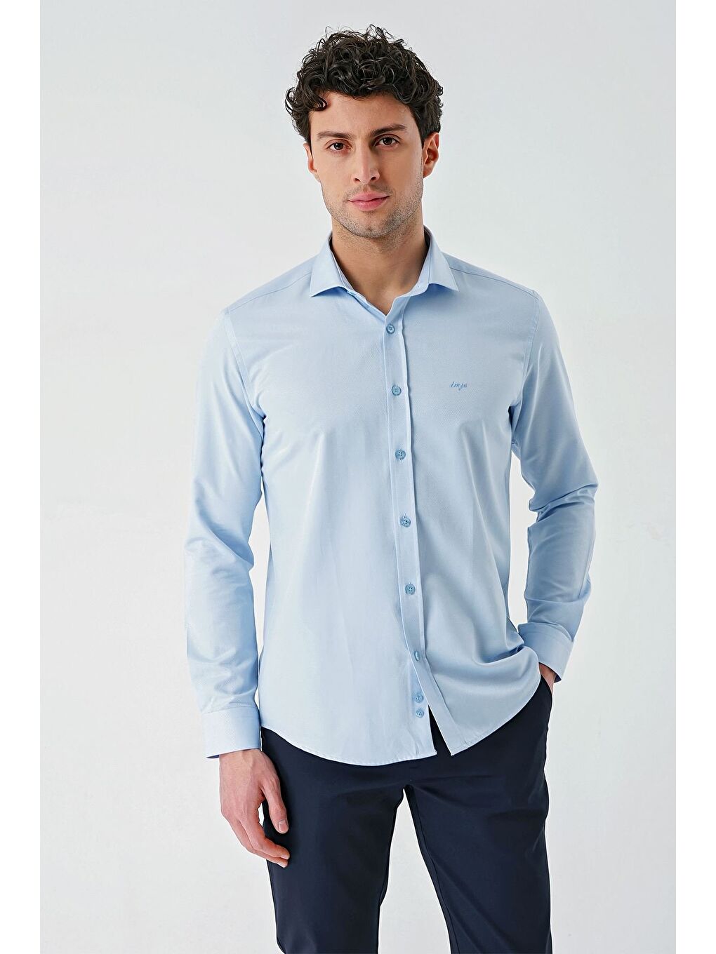 İMZA Mavi Uzun Kollu Oxford Cepsiz Pamuklu Klasik Slim Fit Dar Kesim Gömlek 1004240235