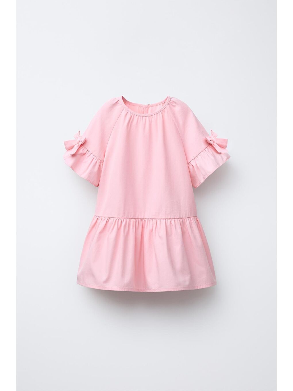Kız Çocuk Pamuklu Pembe Fiyonklu Volan Kol Elbise - Günlük Yazlık Model