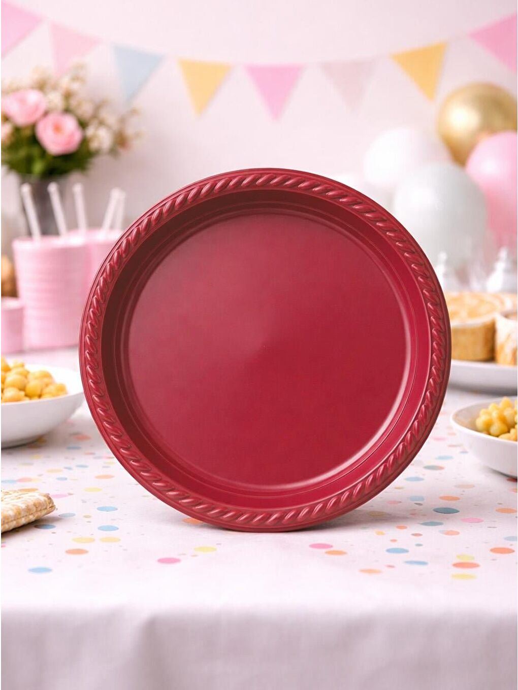 Plastik Tabak Doğum Günü Parti Tabağı Bordo 21 cm 25'li