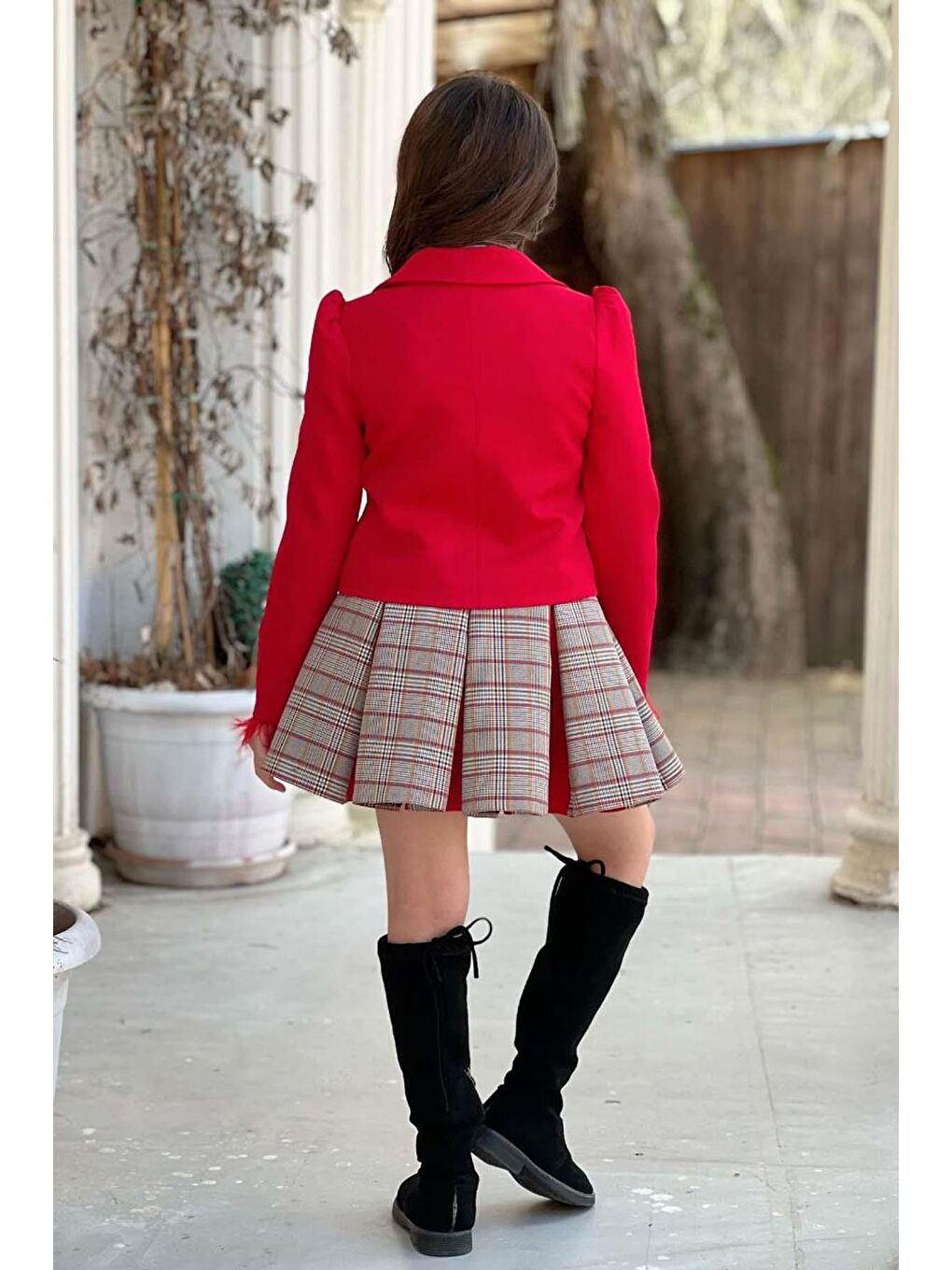 Kız Çocuk Blazer Ceket, Kravat Çizgili Kırmızı Etekli Takım-1