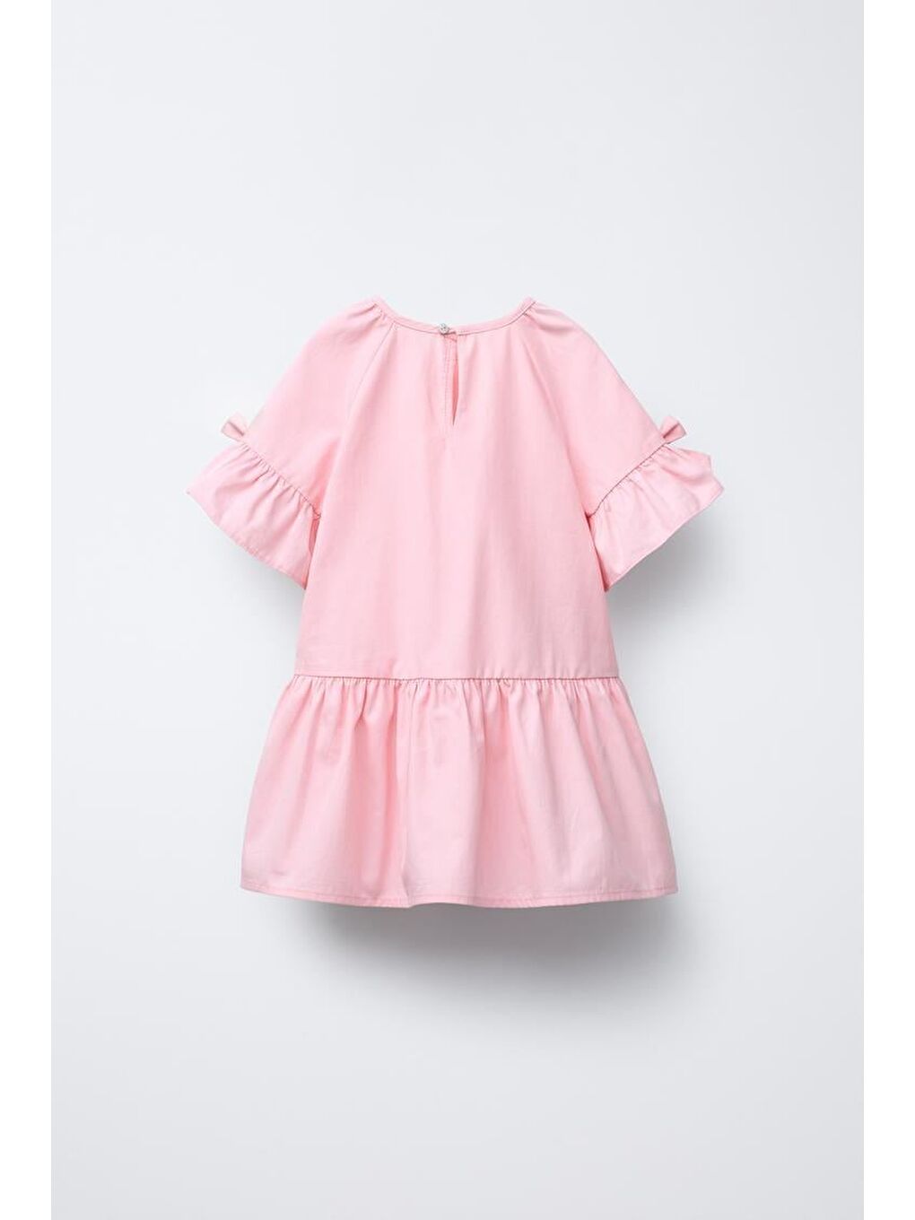 Kız Çocuk Pamuklu Pembe Fiyonklu Volan Kol Elbise - Günlük Yazlık Model-2