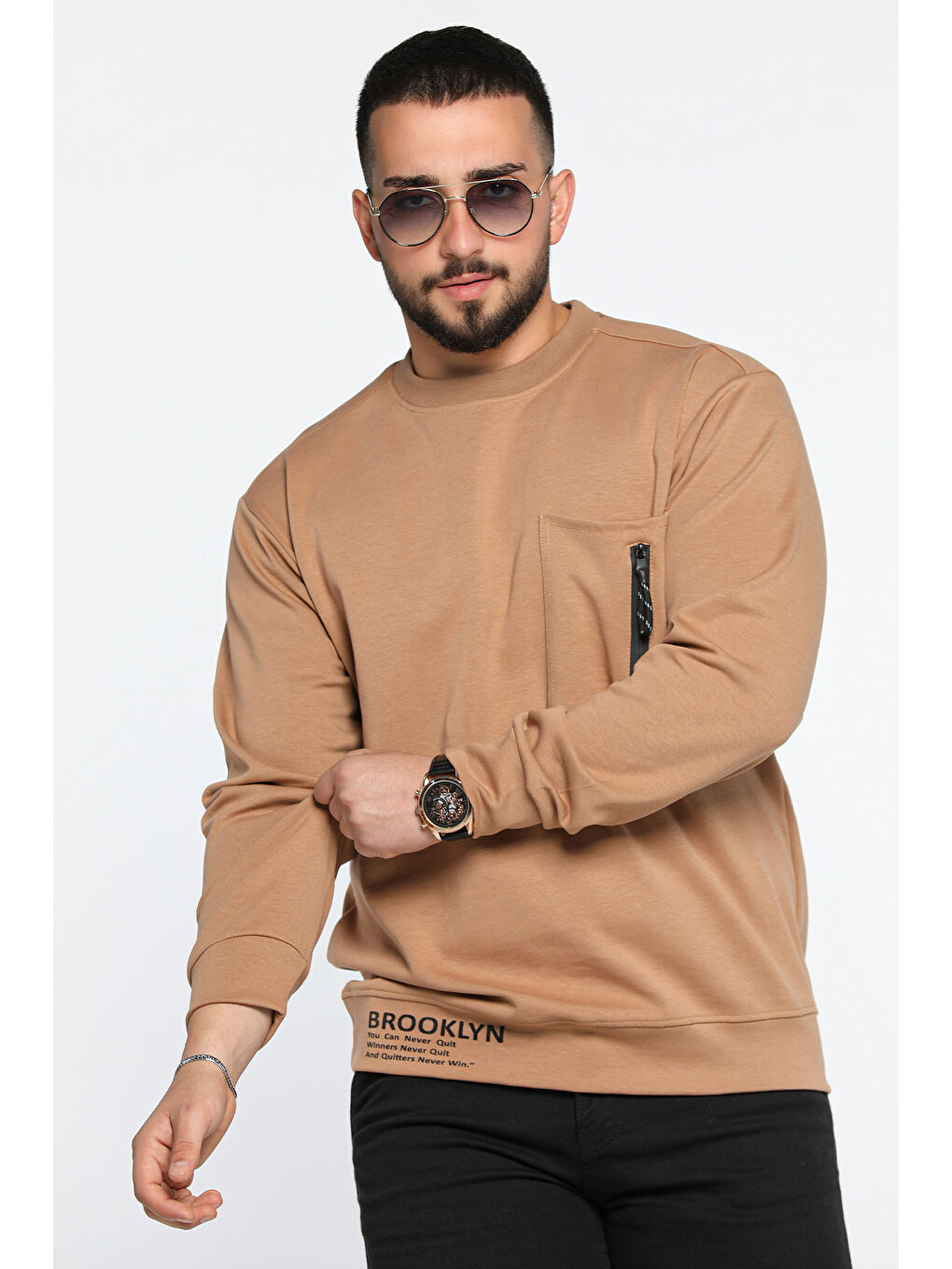 Ekru Bisiklet Yaka Cep Fermuar Detaylı Double Face Erkek Sweatshirt-1