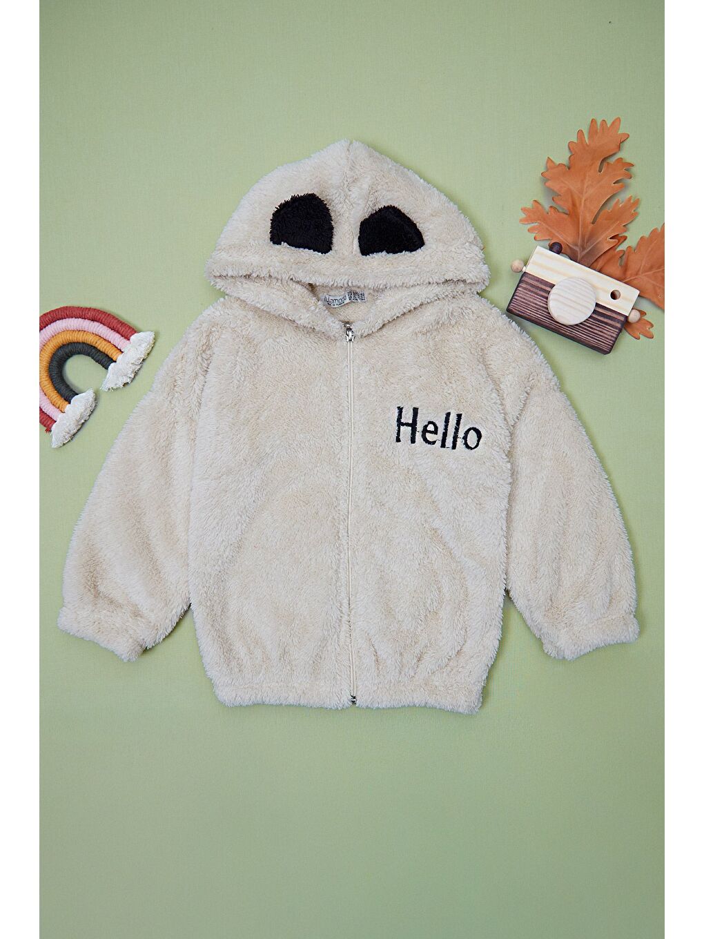 Bej Hello Nakışlı Fermuarlı Unisex Çocuk Pelüş Mont