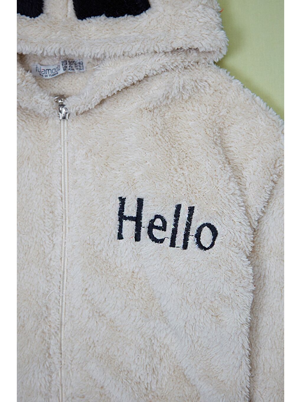 Bej Hello Nakışlı Fermuarlı Unisex Çocuk Pelüş Mont-1