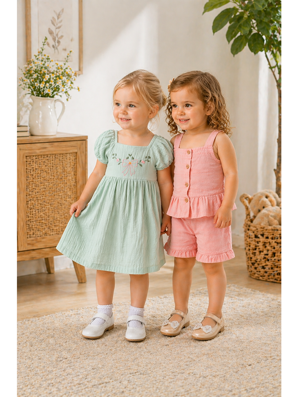Pembe Kız Bebek Keten Kumaş Alt-Üst Takım-Müslin Kumaş Elbise %100 Pamuklu (2'li Paket)-6