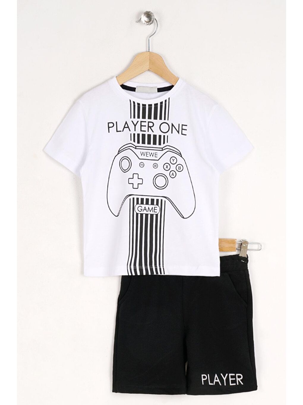 Bisiklet Yaka Kısa Kol Player One Yazı Baskılı Beyaz Siyah Renk Erkek Çocuk Şortlu Takım-4