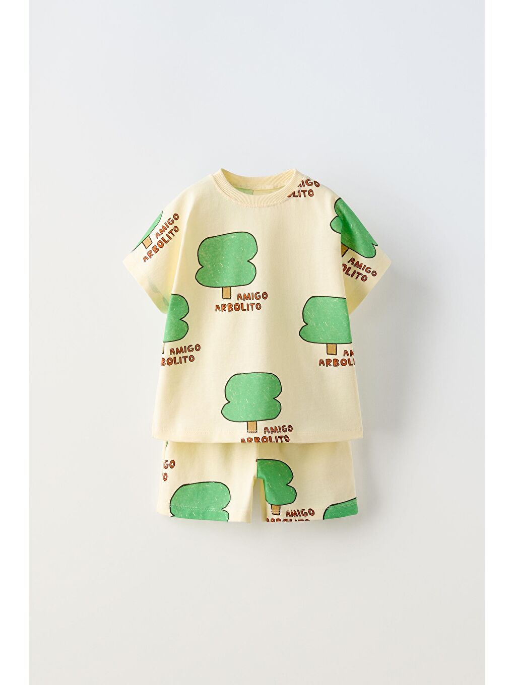 Karışık Unisex Çocuk Pamuklu Sarı Ağaç Desenli T-Shirt Ve Şort Takım – Yazlık 2'Li Set