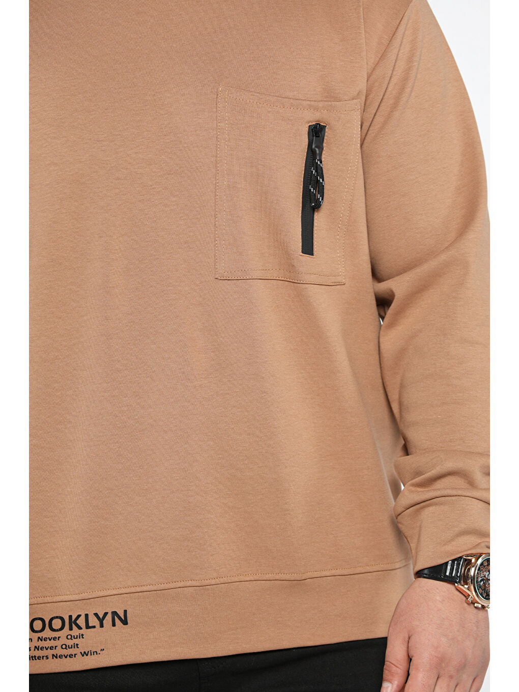 Ekru Bisiklet Yaka Cep Fermuar Detaylı Double Face Erkek Sweatshirt-2