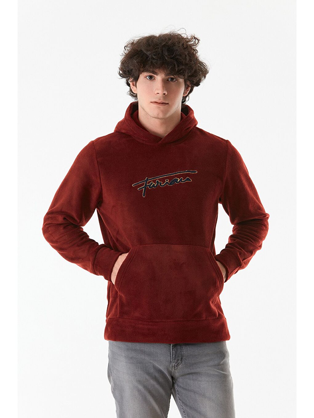 Fullamoda Bordo Yazı Nakışlı Kanguru Cepli Kapüşonlu Polar Sweatshirt