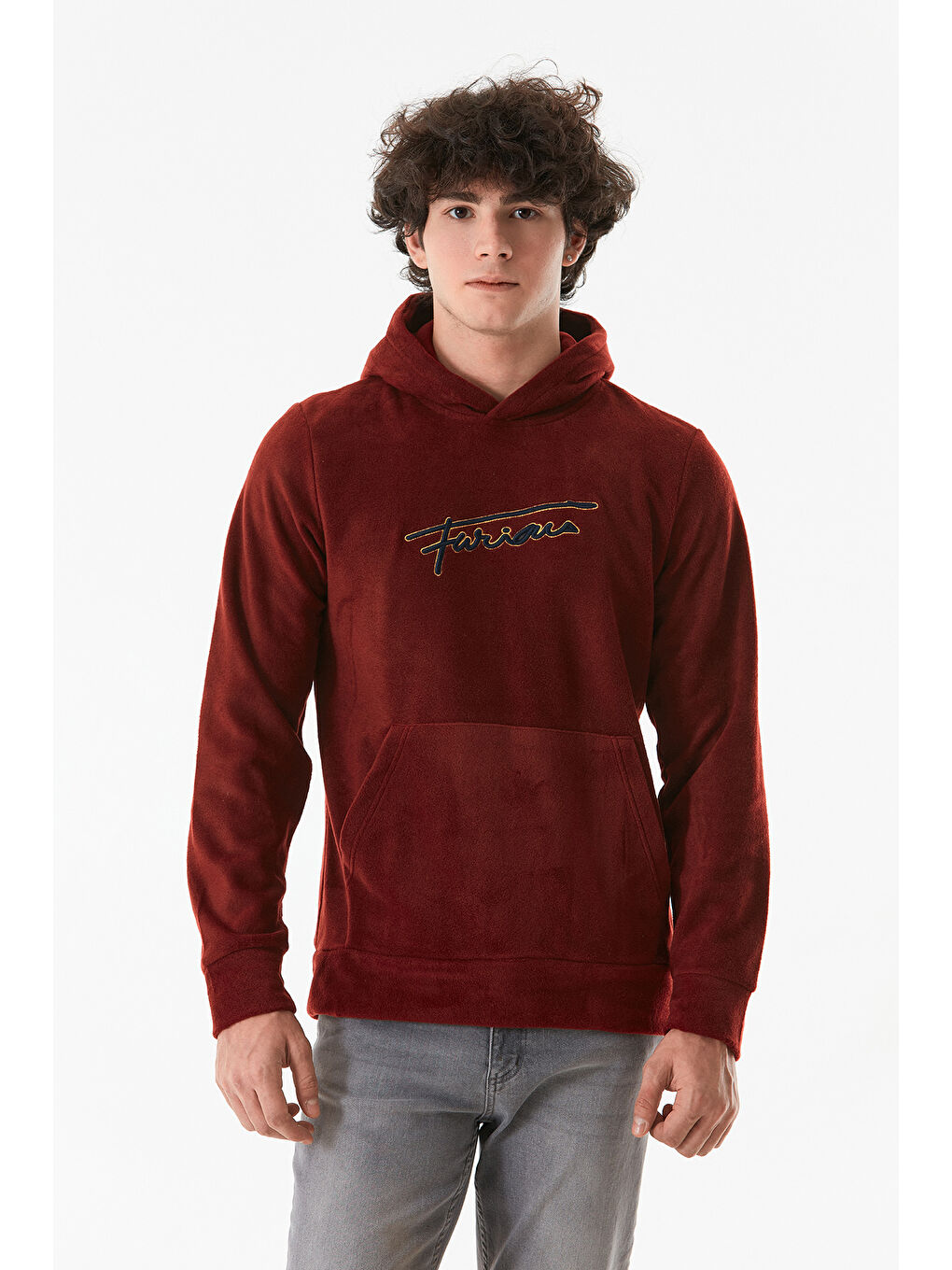 Fullamoda Bordo Yazı Nakışlı Kanguru Cepli Kapüşonlu Polar Sweatshirt - 1